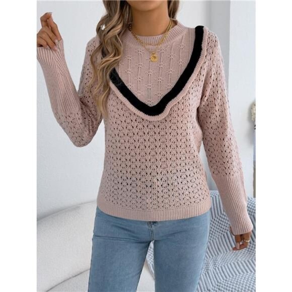 Hollow-Out Knit Top with Contrast Trim - Picture 16 of 16